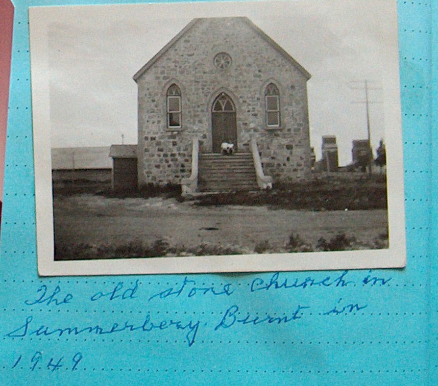 Picture of old stone church in Summerberry. It burned down in 1949.